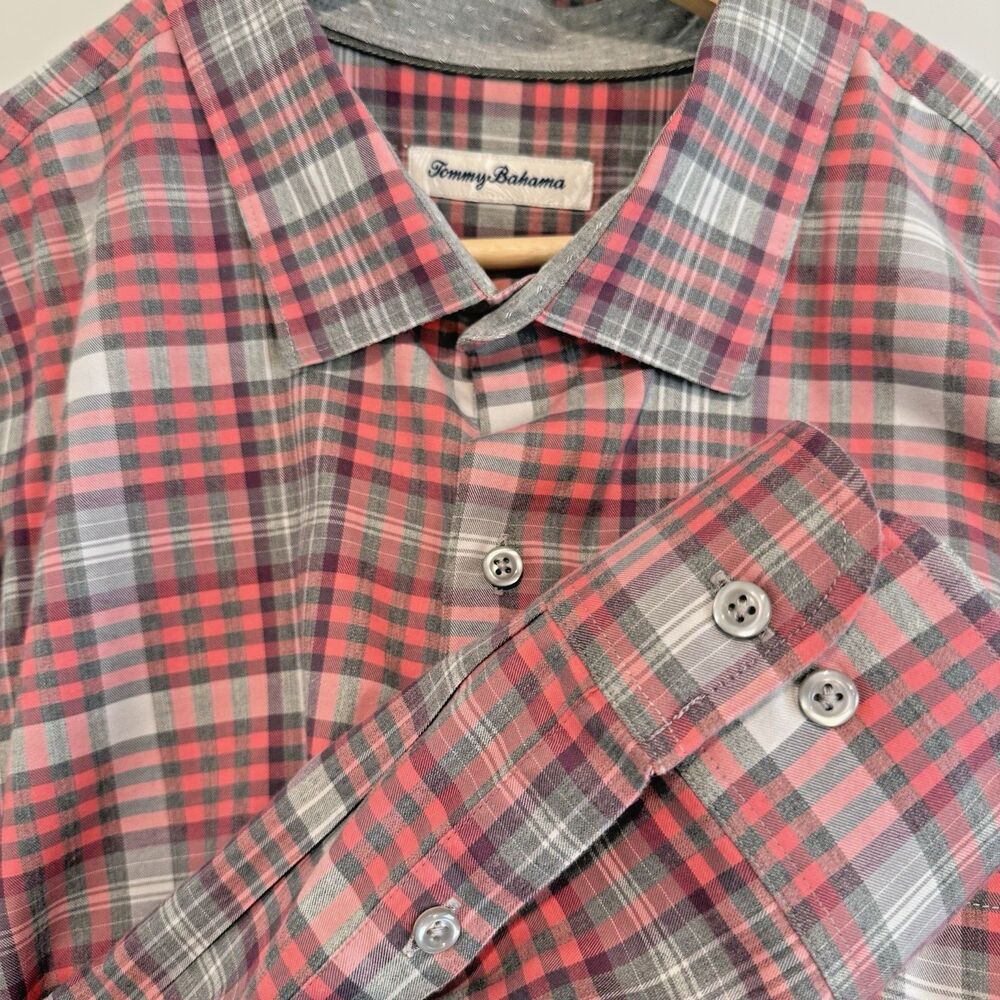 Tommy Bahama Mens Sz XXL Dress Shirt Gray Coral Plaid Casual Business Classic